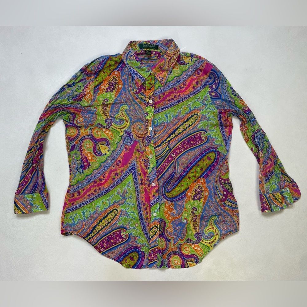 Ralph Lauren POLO RALPH LAUREN All-over print wide collar long sleeve cotton shirt Men's XL size cotton Navy blue Vintage Second Hand